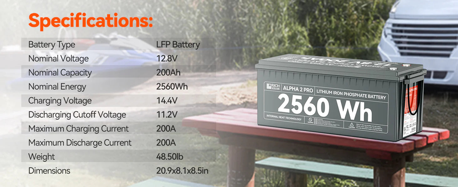 Rich Solar Alpha 2 Pro LiFePO4 12 Volt Lithium Battery (2,560Wh) specification image 1
